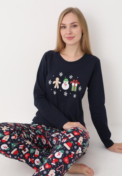 Pijama dama Craciun,maneca lunga si pantaloni lungi,imprimeu figurine festive, En-gros